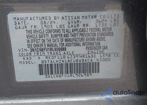 2024 Nissan Versa Sr from USA, damaged, VIN 3N1CN8FV1RL926989
